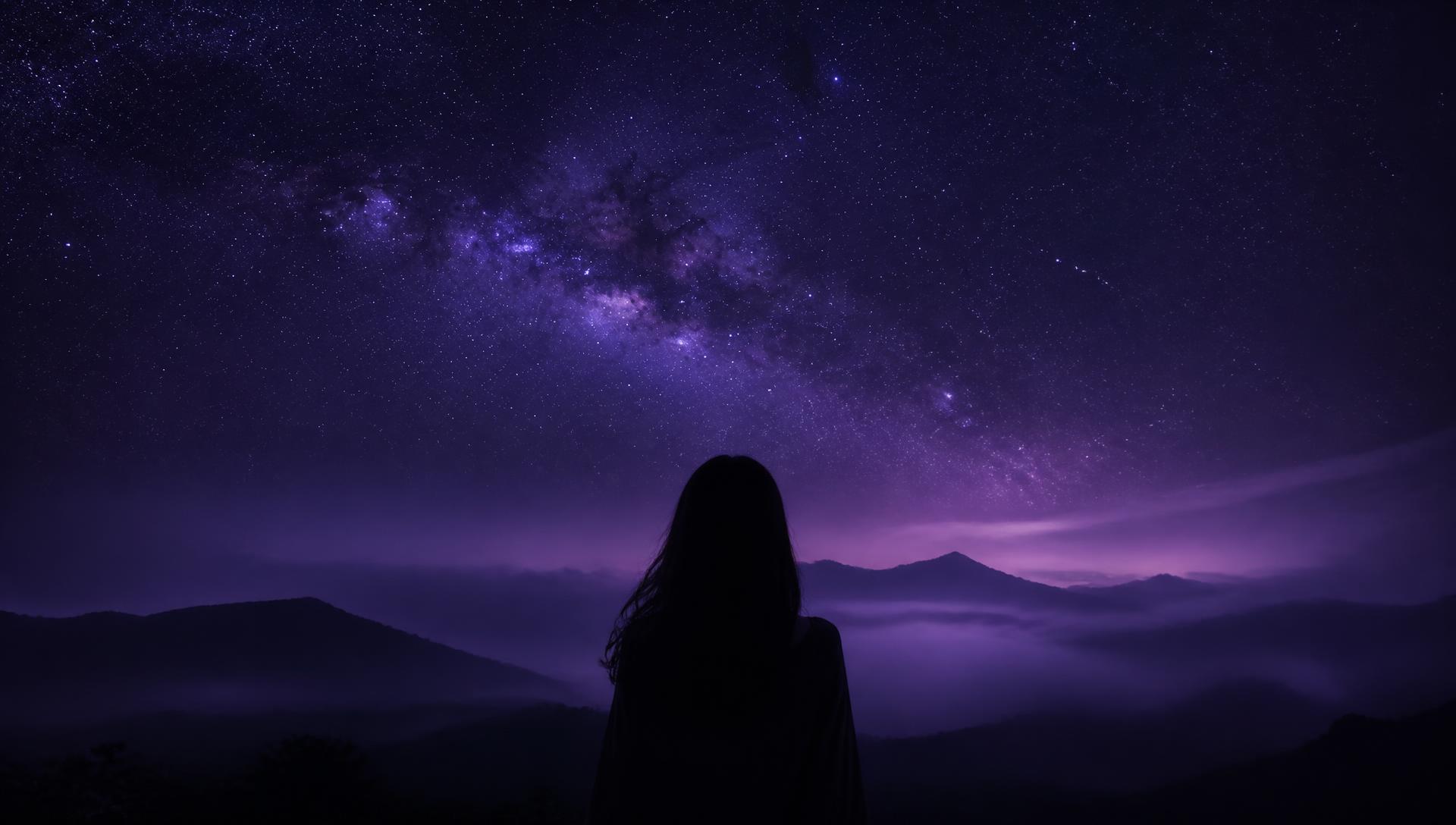 Mulher observando um céu estrelado em tons de roxo