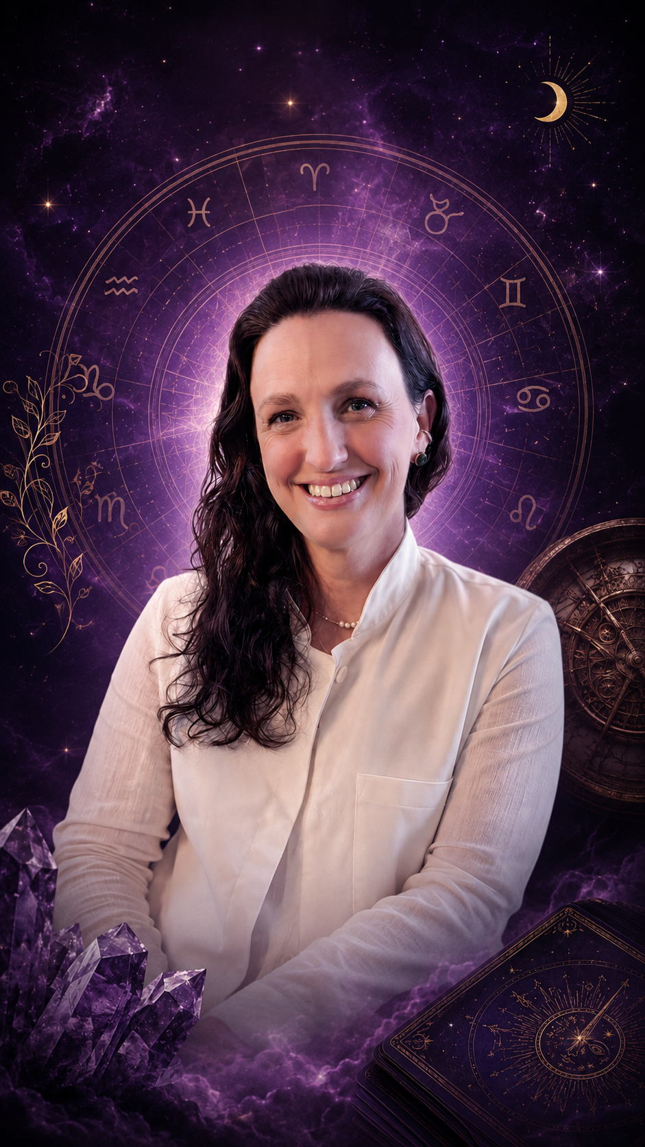 Astróloga Ana Zimmermann com mandala astrológica dourada ao fundo